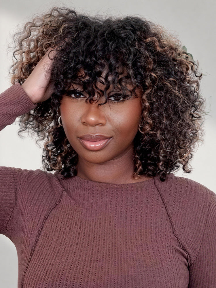 1 SEC INSTALL WIG | Brown Highlight / Natural Black Water Wave Natural Scalp Glueless Minimalist Lace Short Curly Wig with Bangs-32
