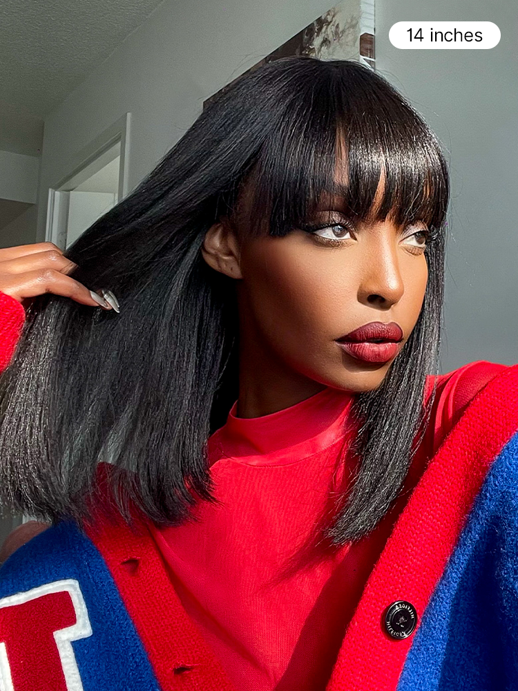 Luvme realistic glueless Yaki straight bob wig with bangs, minimalist lace and 100% human hair