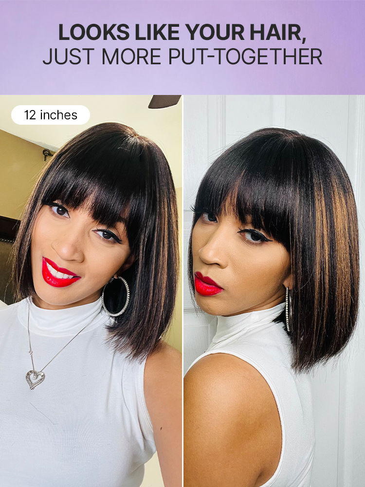 Luvme realistic glueless Yaki straight bob lace wig with bangs, 100% human hair, minimalist style