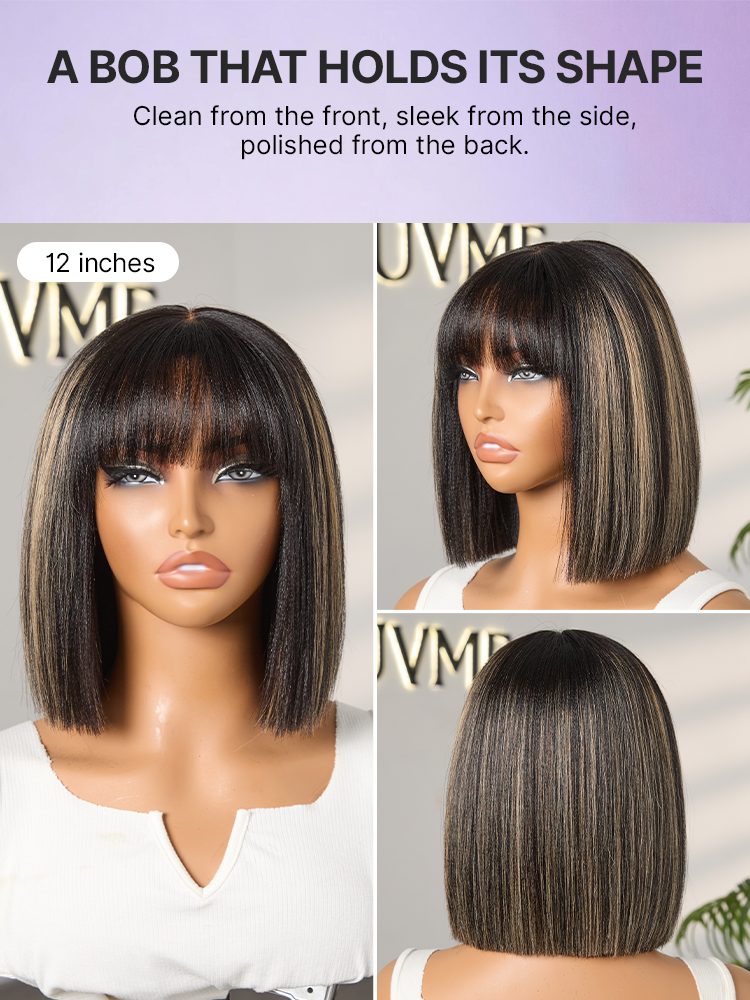 Luvme glueless Yaki straight bob wig with bangs, realistic minimalist lace and 100% human hair