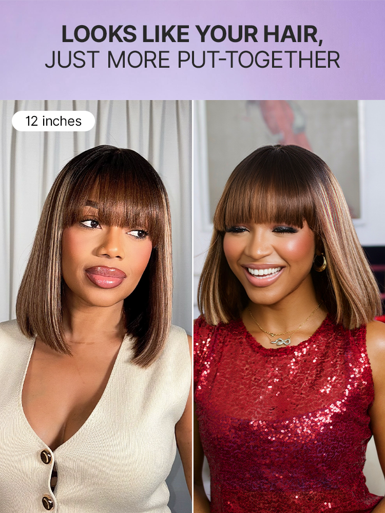 Luvme realistic glueless Yaki straight bob wig with bangs, minimalist lace front and 100% human hair