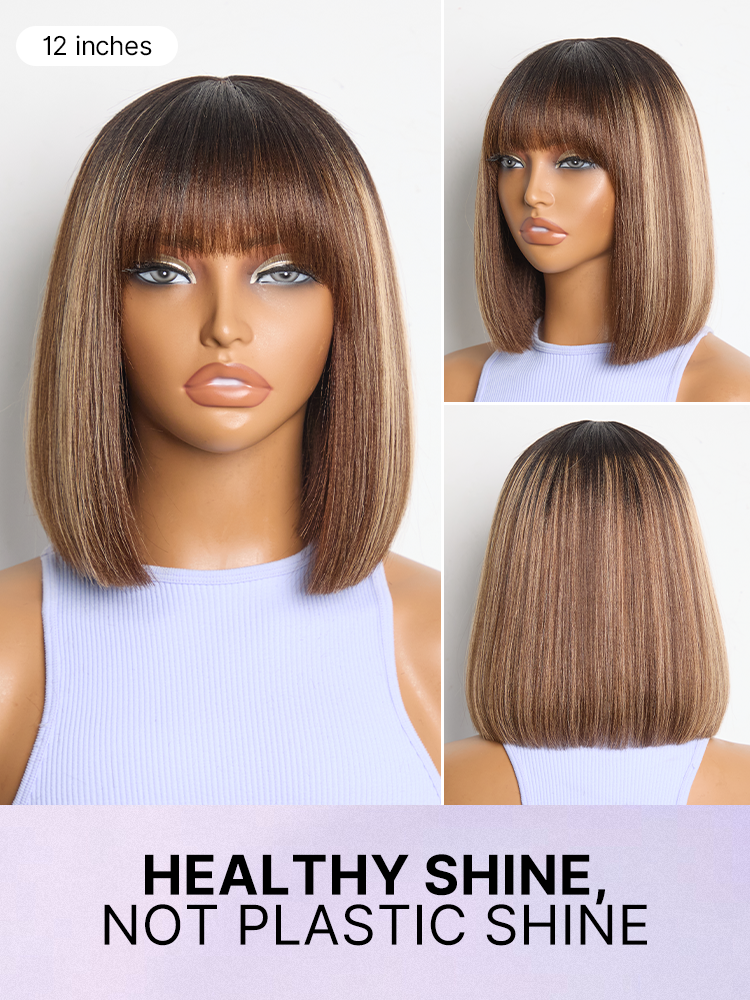 Luvme realistic glueless Yaki straight bob wig with bangs, minimalist lace and 100% human hair