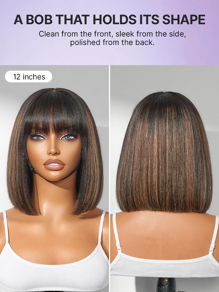 Luvme realistic glueless Yaki straight bob lace wig with bangs, minimalist style in 100% human hair