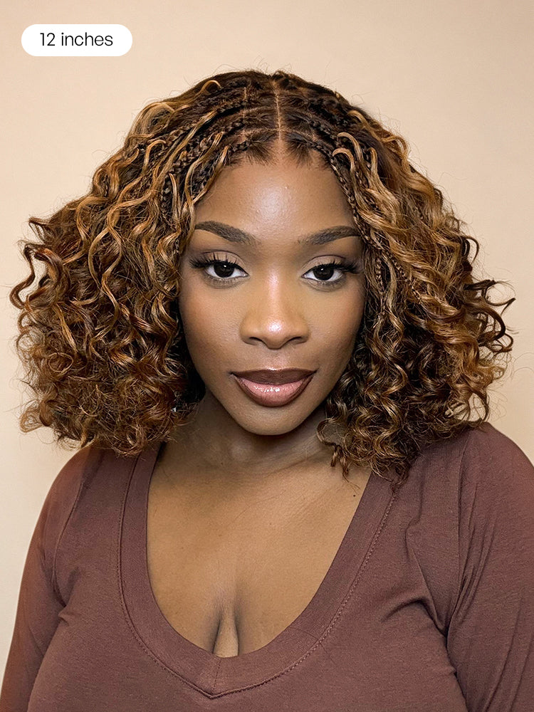 Readitress™ Ombre Brown Highlight Boho Braids Deep Curly Glueless 5x5 Closure Lace with Braided Top Human Hair Wig Pre-Cut Lace-37
