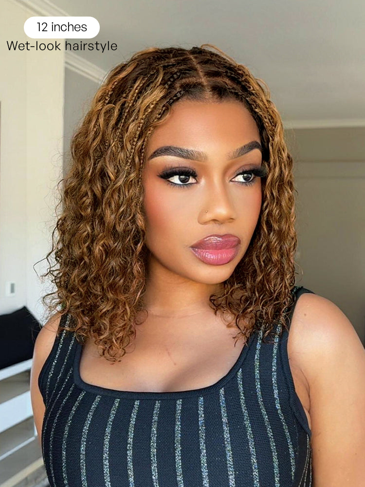 Readitress™ Ombre Brown Highlight Boho Braids Deep Curly Glueless 5x5 Closure Lace with Braided Top Human Hair Wig Pre-Cut Lace-36