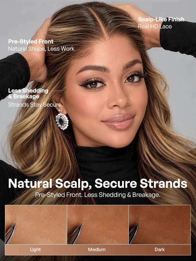 Luvme Hair Originalive™ honey blonde highlight loose wave HD lace front wig with 13x6 lace, glueless, pre-cut, and drawstring cap.