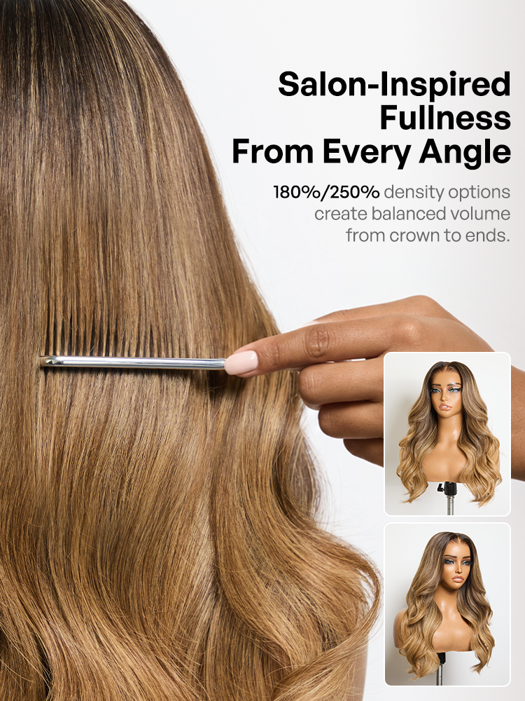 Luvme Hair Originalive™ honey blonde highlight loose wave HD lace front wig with 13x6 lace, pre-cut cap, and drawstring fit.