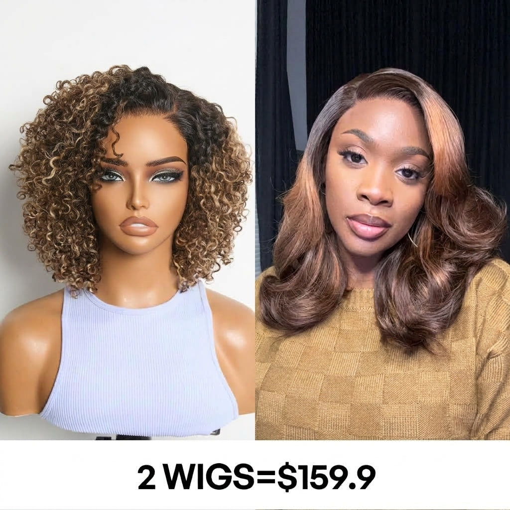 2 For $159.9 | 10 Inches Blonde Highlight Short Cut Kinky Curly Wig+ 14 Inches Pre-Layered Cut Brown Highlight  Shoulder Length Wig-05