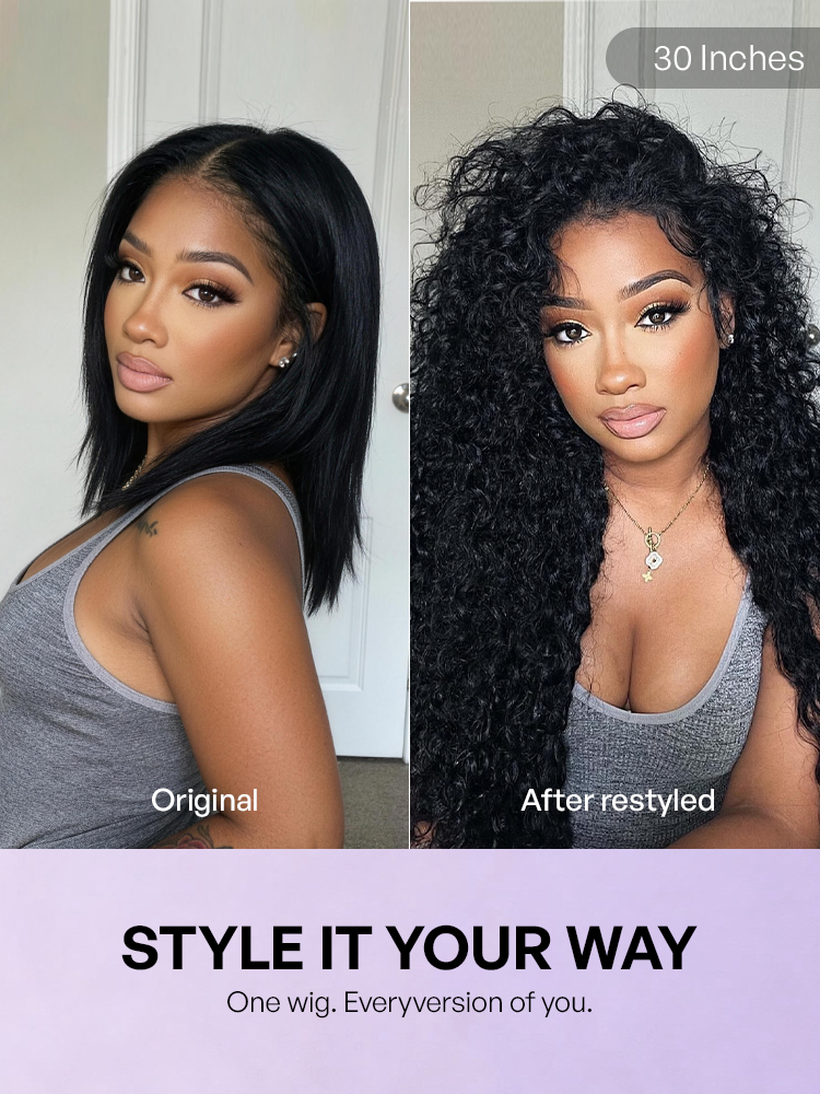 Luvme Hair PreMax water wave curly lace frontal wig with 13x4 pre-cut lace, glueless flexi-fit drawstring, fluffy curly texture.