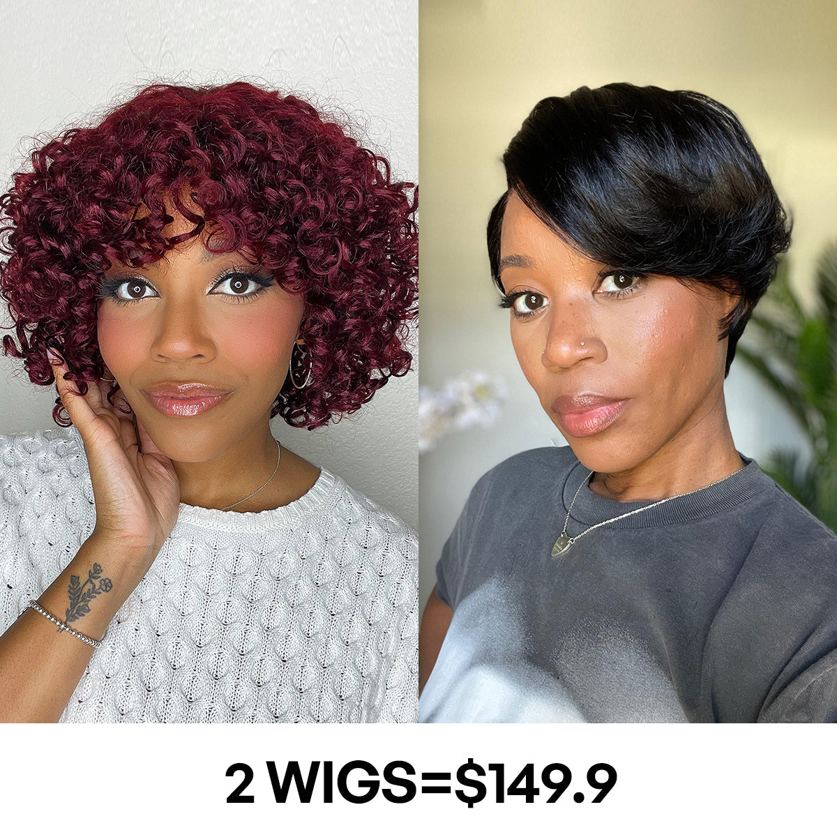 2 For $149.9 | 8 Inches Dark Red Water Wave Glueless Minimalist Lace Curly Wig with Bangs + 6 Inches Pixie Cut Minimalist HD Lace Glueless Wig Pre-Cut Lace-09