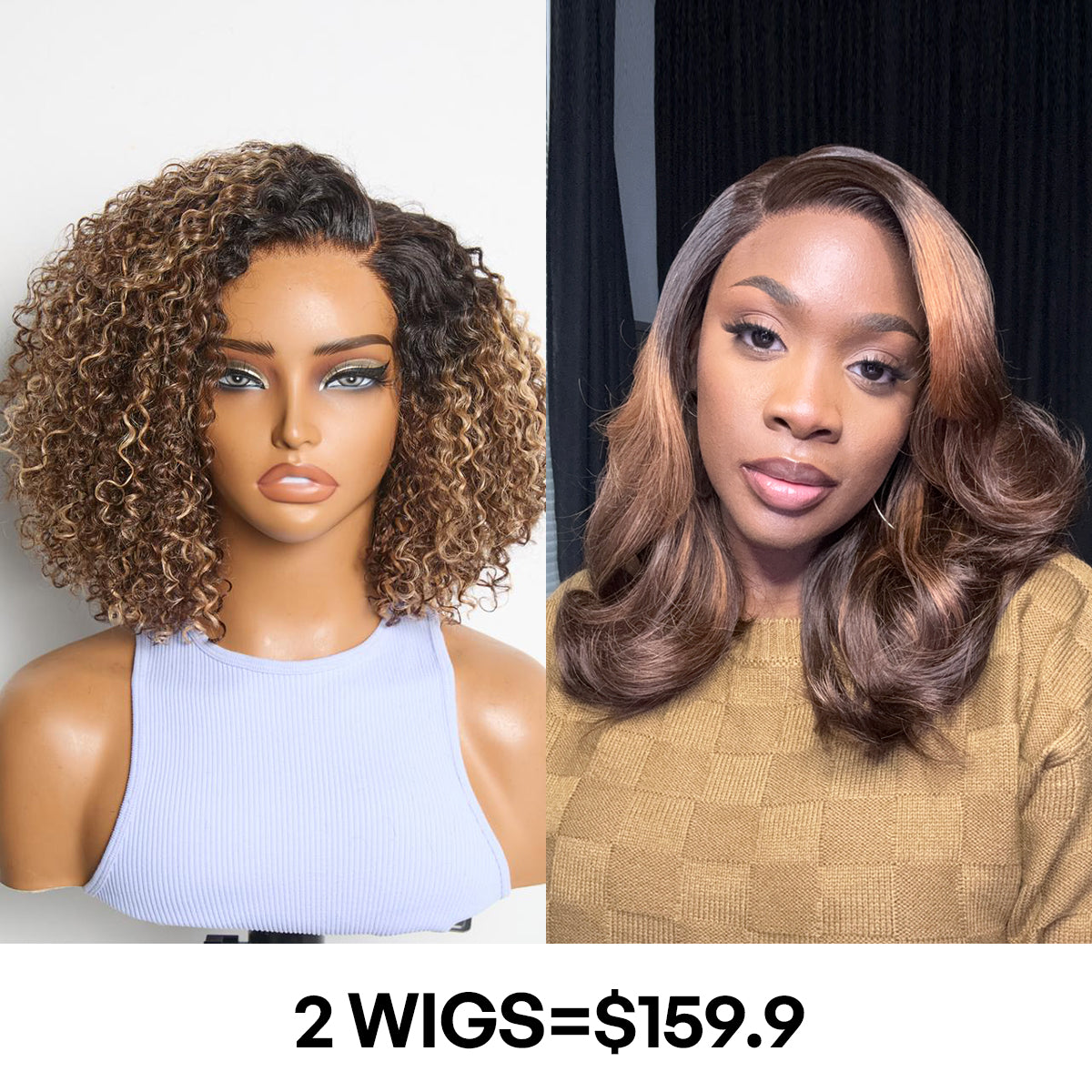 2 For $159.9 | 10 Inches Blonde Highlight Short Cut Minimalist Lace Kinky Curly Wig+ 14 Inches Pre-Layered Cut Brown Highlight Minimalist Lace Shoulder Length Wig-06