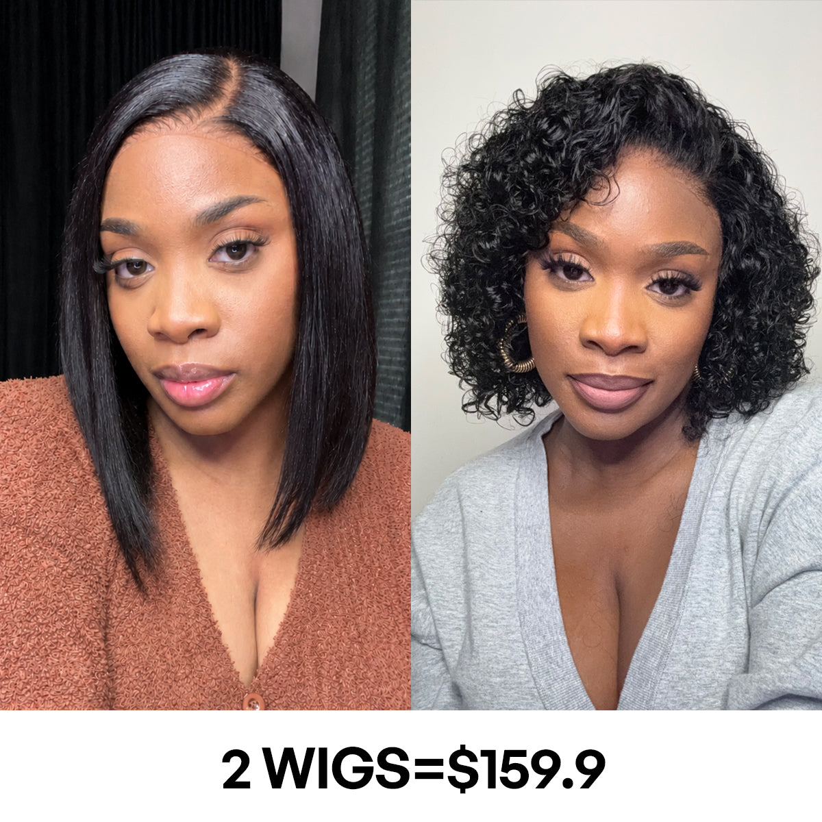 2 For $159.9 | 12 Inches Natural Black C Part Wide T Lace Bob Wig+ 10 Inches Natural Slicked Back Short Curly Wig Ear-to-ear Wide T Lace Front Wig-04