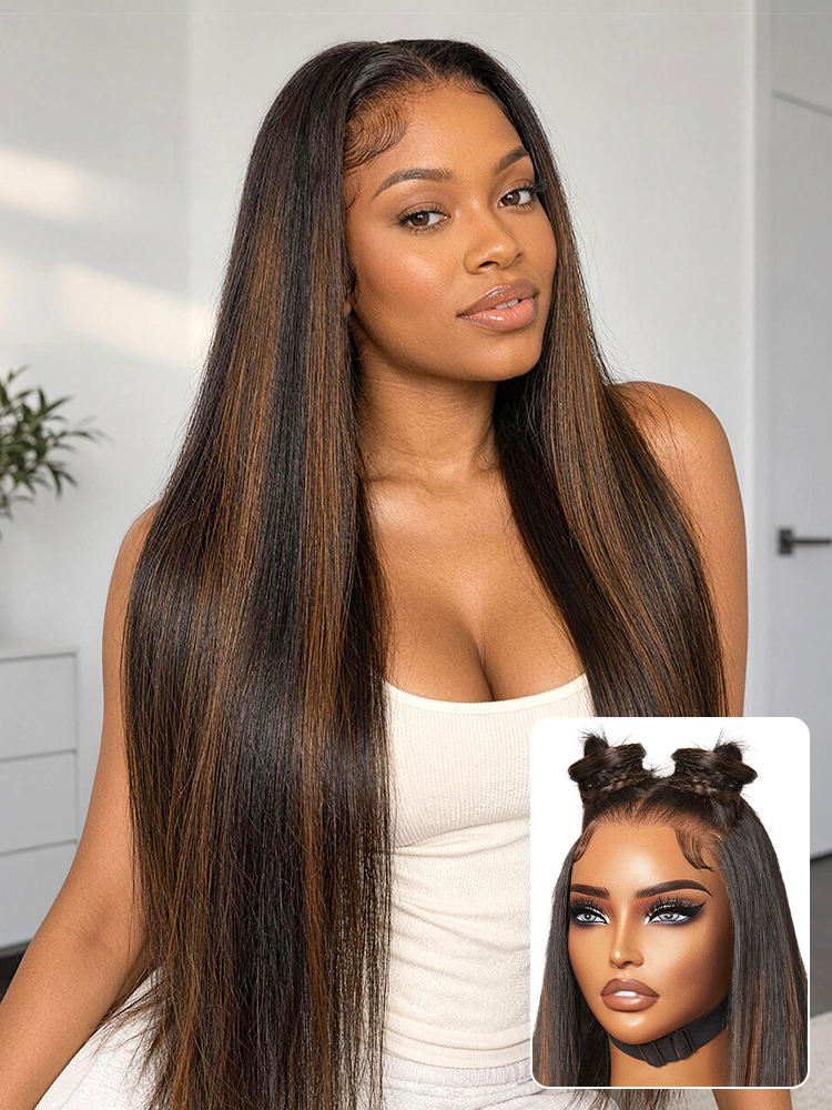 PreMax Wigs | Ultra Natural Hairline Brown Highlight Silky Straight Glueless 13x4 Frontal Lace Long Wig Pre-Cut Lace-18