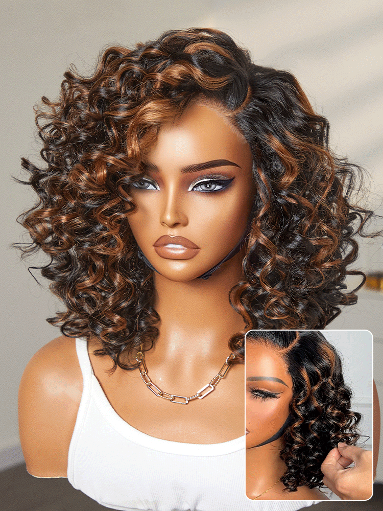 Effortless Elegance Copper Highlight / Natural Black Bouncy Curl Wig Minimalist HD Lace Glueless Wig Pre-Cut Lace-64
