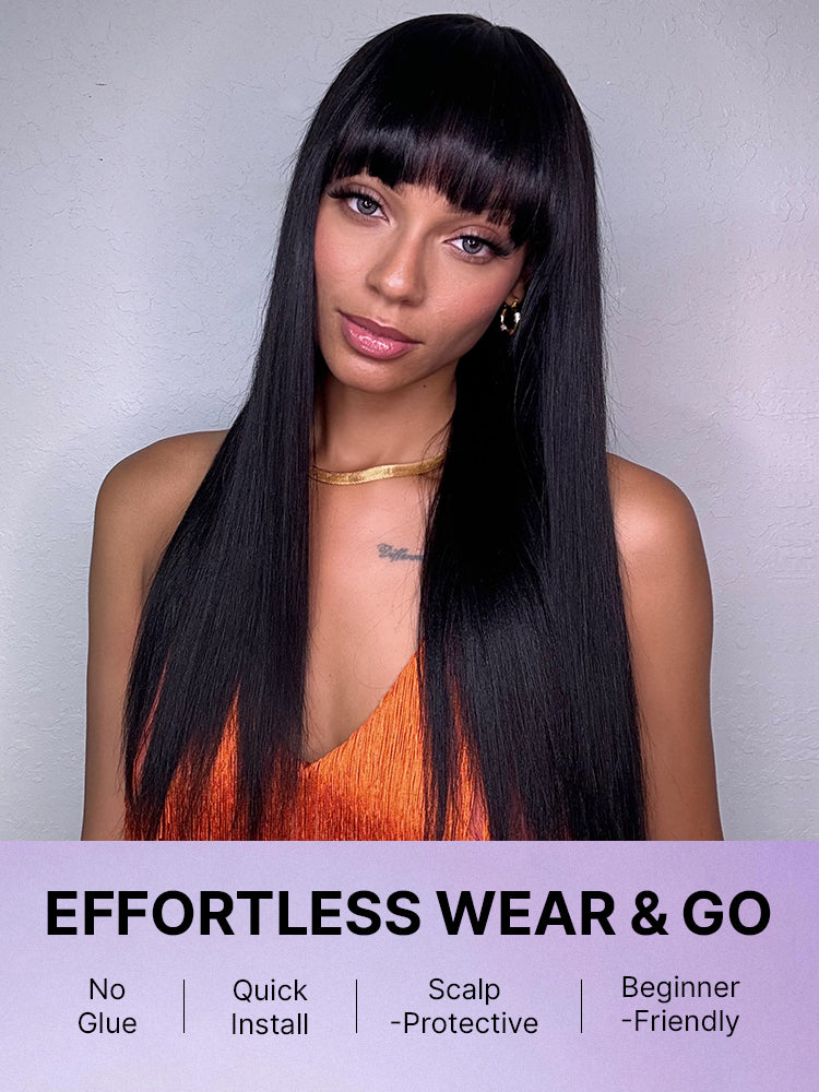 Breathable Cap Yaki Straight Ultra Natural Minimalist Lace Long Wig with Bangs-25