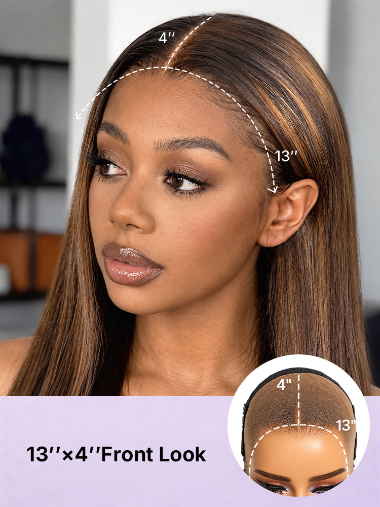 Luvme Hair PreMax wig in chestnut brown with honey blonde highlights, silky straight 13x4 lace frontal, glueless long wig with pre-cut lace