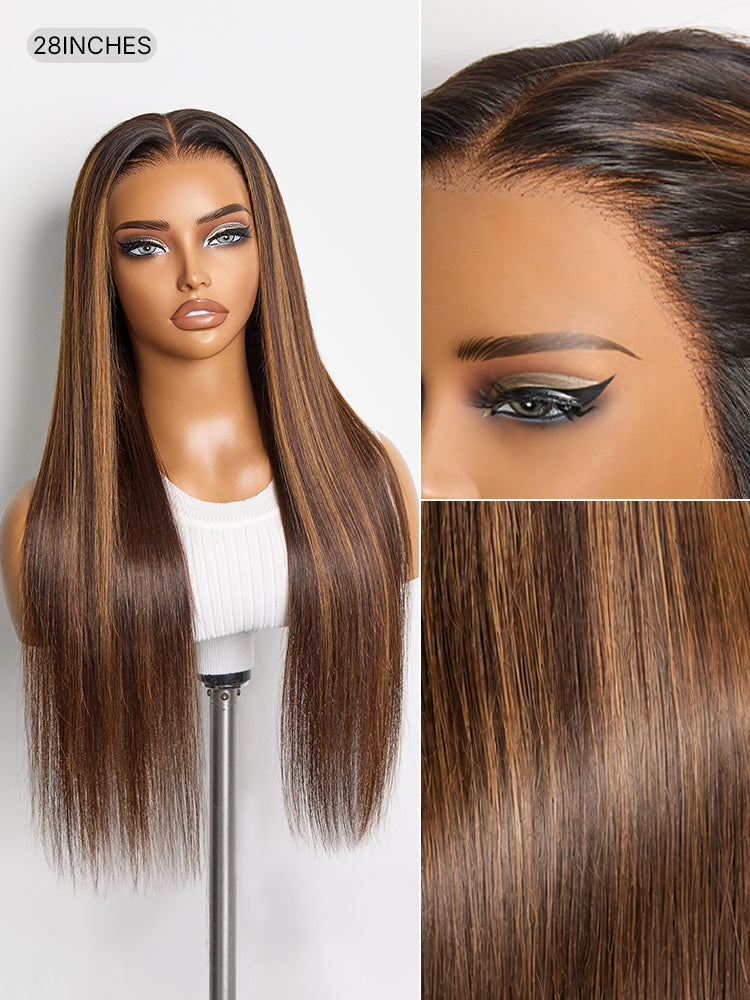 Luvme Hair PreMax wig in chestnut brown with honey blonde highlights, silky straight, 13x4 lace frontal, glueless, long wig.