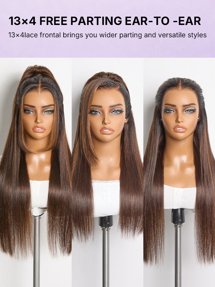 Luvme Hair PreMax wig in chestnut brown with honey blonde highlights, silky straight 13x4 lace frontal, long glueless wig with pre-cut lace