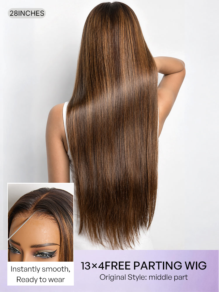 Luvme Hair PreMax silky straight 13x4 lace wig in chestnut brown with honey blonde highlights, long, glueless, pre-cut lace.