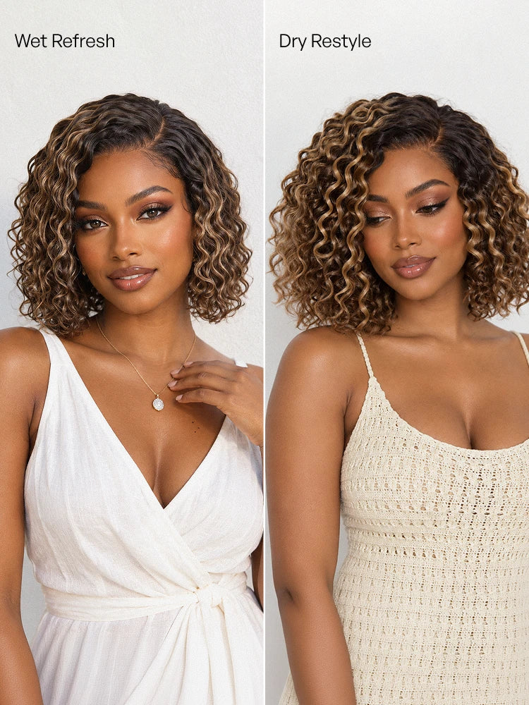 Luvme Hair blonde highlight ombre brown water wave short curly bob wig with glueless HD lace and pre-cut lace.