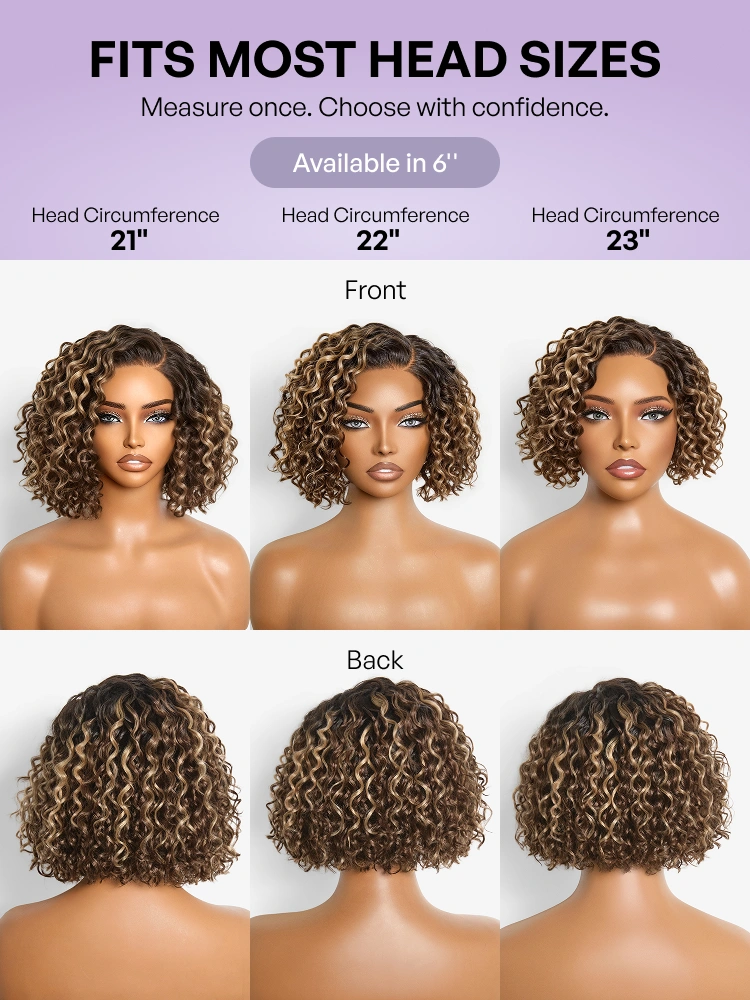 Luvme Hair blonde ombre water wave short curly bob wig with natural black roots, glueless HD lace, pre-cut lace, and minimalist style.