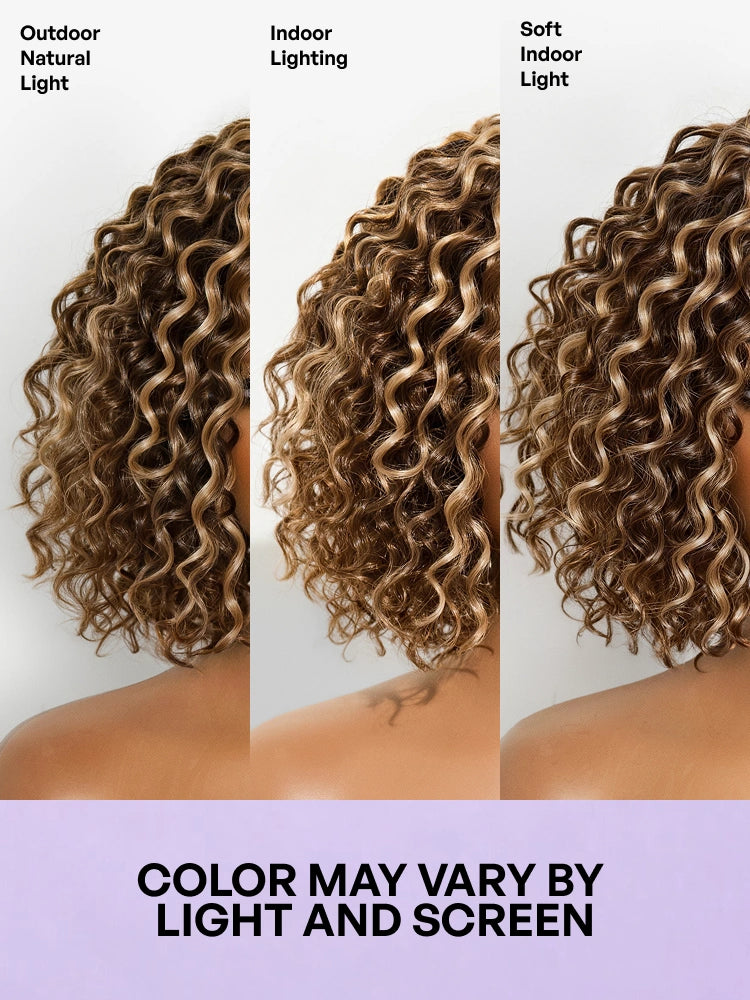 Luvme Hair short curly bob wig with blonde highlights, black and ombre brown water wave style, HD lace, glueless, pre-cut lace.