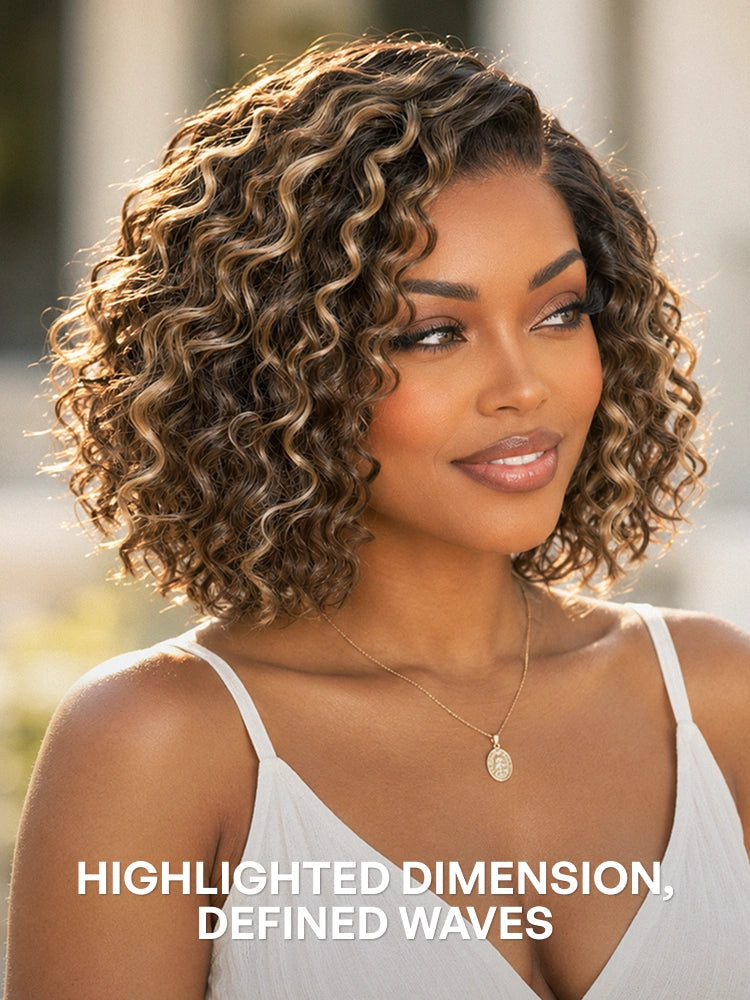 Ready to Go Blonde Highlight / Natural Black / Ombre Brown Water Wave Short Curly Bob Wig Glueless Minimalist HD Lace Wig Pre-Cut Lace-108
