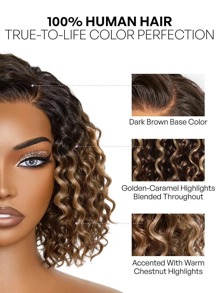 Ready to Go Blonde Highlight / Natural Black / Ombre Brown Water Wave Short Curly Bob Wig Glueless Minimalist HD Lace Wig Pre-Cut Lace-109
