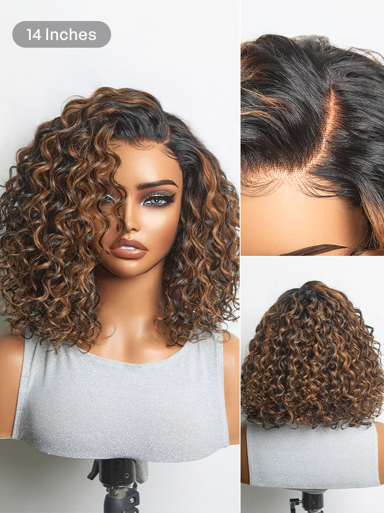 Luvme Hair deep wave curly wig with brown highlights, glueless, pre-cut lace, minimalist HD lace, and deep wave texture.