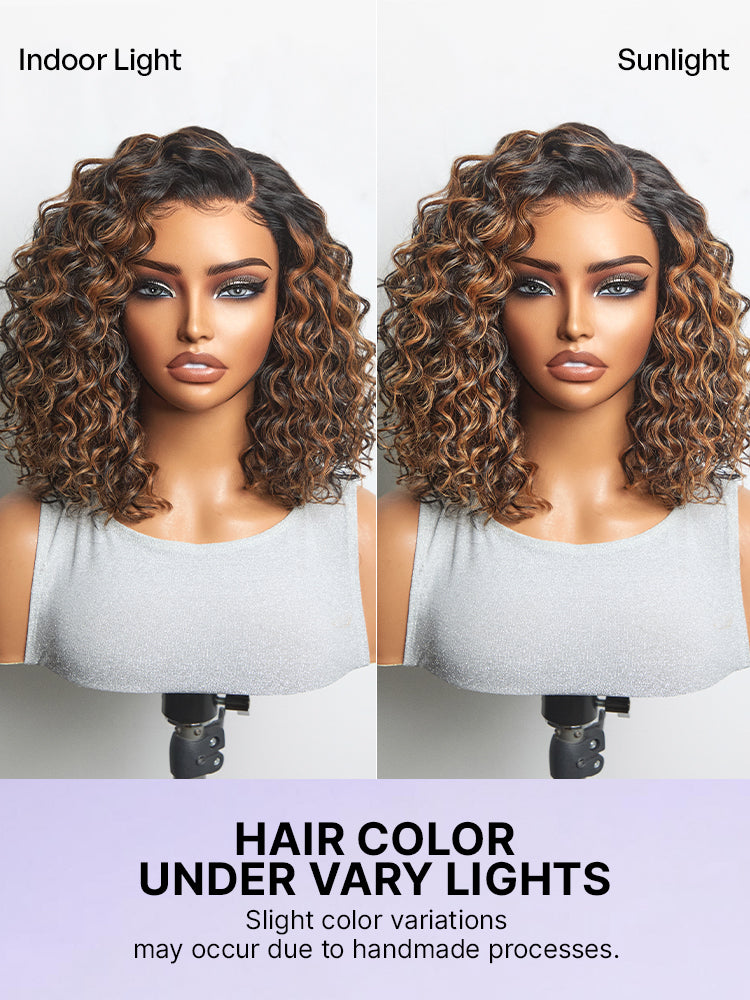 Brown highlight deep wave glueless HD lace curly wig with pre-cut lace from Luvme Hair, showcasing natural curls and minimalist style.