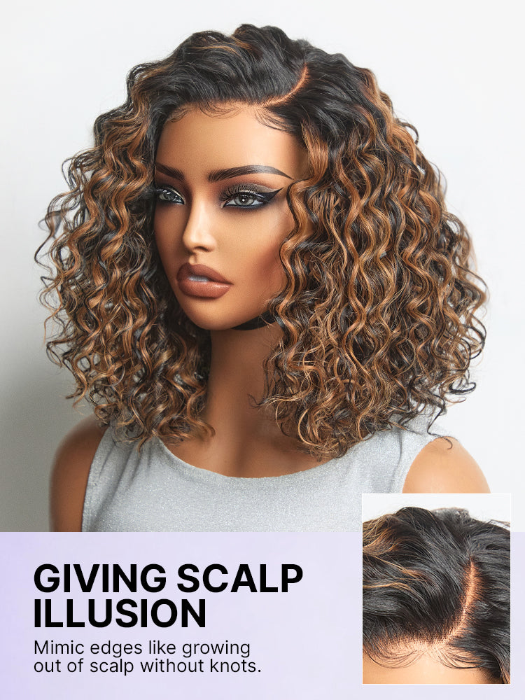Brown highlight deep wave glueless lace curly wig with pre-cut lace from Luvme Hair, showcasing its curly texture and lace detail.