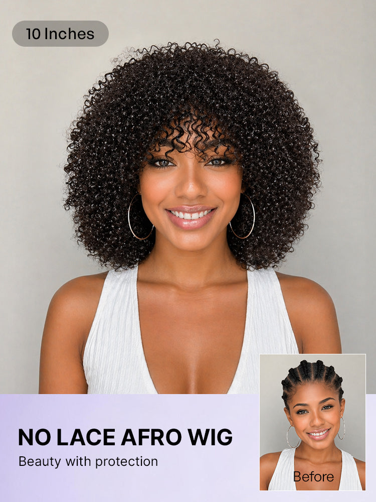 Luvme Hair black Afro curly short wig, no lace, glueless, 200% density, natural black color, easy to wear.
