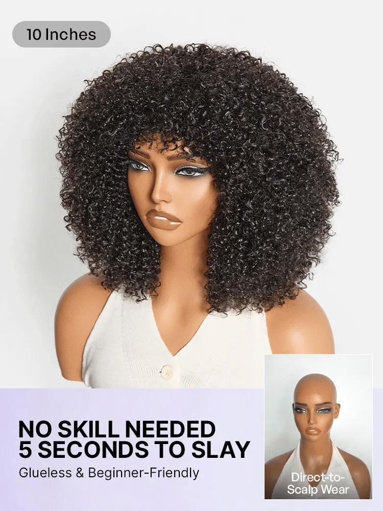 Luvme Hair black afro curly short wig with 200% density, no lace, glueless, natural black color, ready to wear.