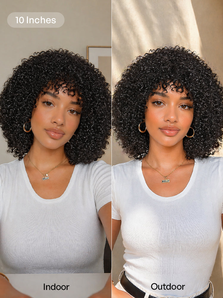 Luvme Hair Afro curly short wig with natural black 200% density, no lace, glueless, throw on & go style, no visible lace.