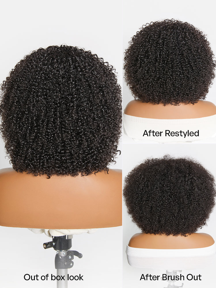 Luvme Hair black afro curly short wig with 200% density, no lace, glueless, natural look, ready to wear.