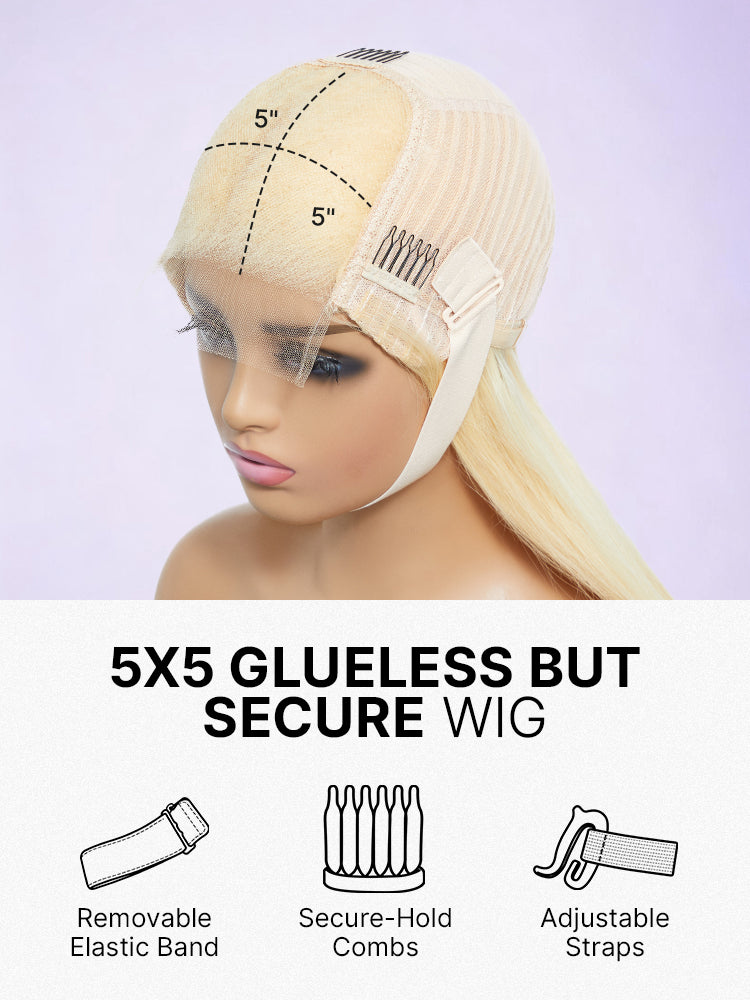 Luvme Hair PreMax Wigs blonde 613 silky straight 5x5 closure HD lace wig with pre-cut lace, glueless design, and natural hairline.