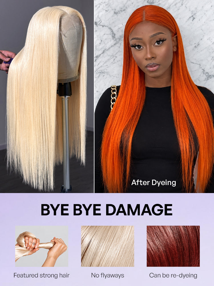 Blonde 613 silky straight 5x5 closure wig by Luvme Hair with HD lace, glueless design, pre-cut lace, and natural parting.