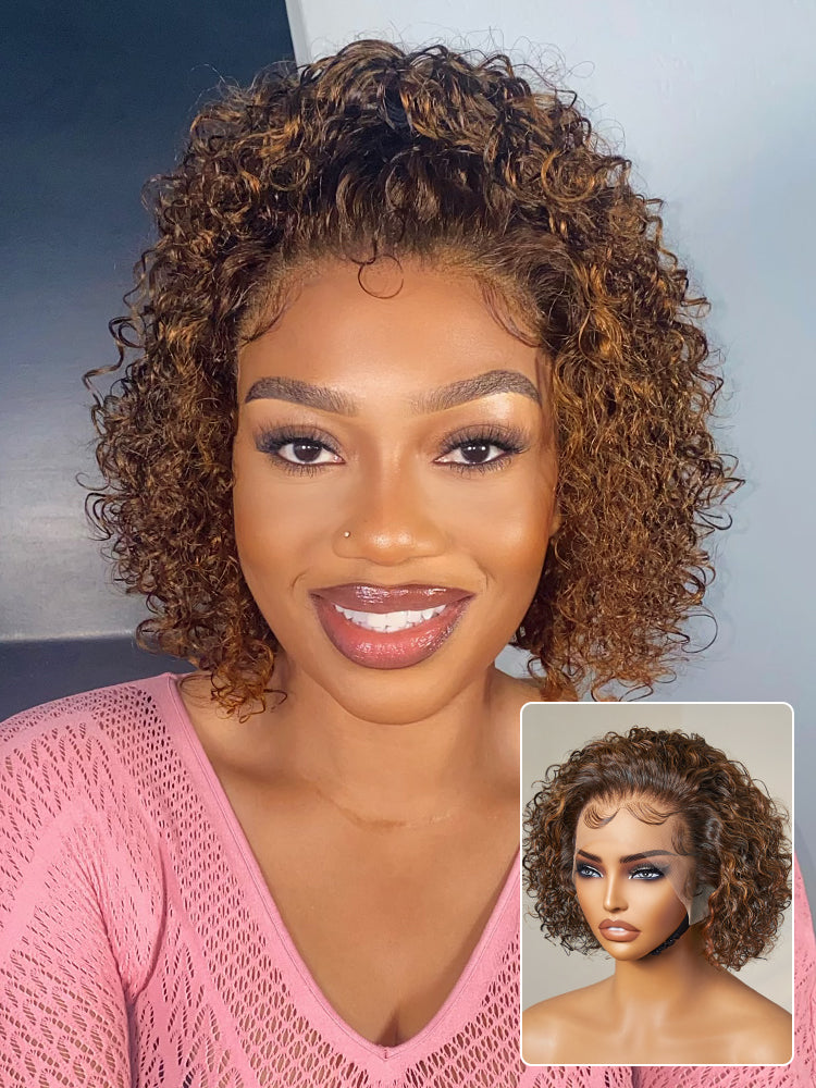 Brown Highlight / Jet Black Short Cut Slicked Back Curly Ear-to-ear Wide T Lace Wig-19