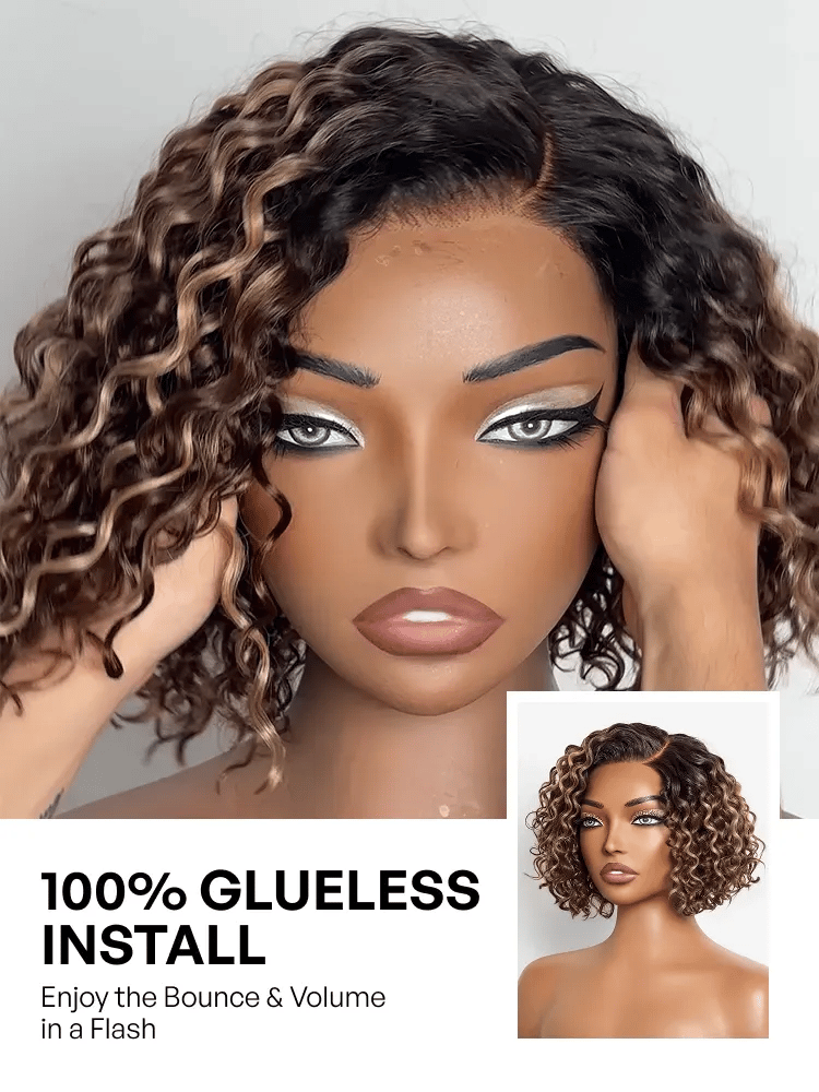 Ready to Go Blonde Highlight / Natural Black / Ombre Brown Water Wave Short Curly Bob Wig Glueless Minimalist HD Lace Wig Pre-Cut Lace-117