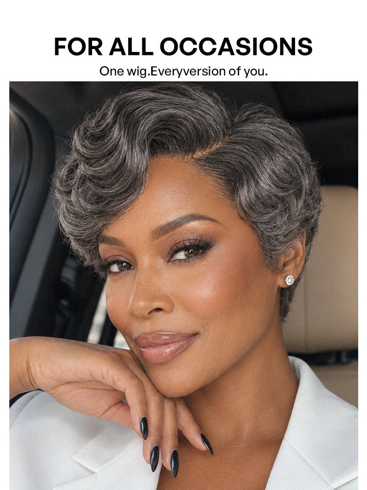 Salt and Pepper Gray Egg Curl Glueless Minimalist HD Lace Pixie Wig Pre-cut Lace-11