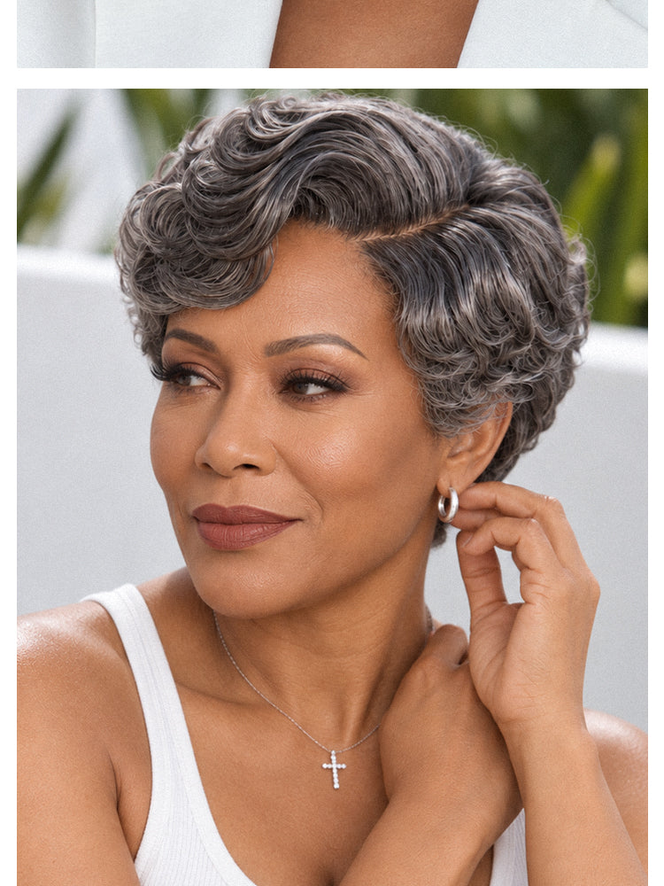 Salt and Pepper Gray Egg Curl Glueless Minimalist HD Lace Pixie Wig Pre-cut Lace-12