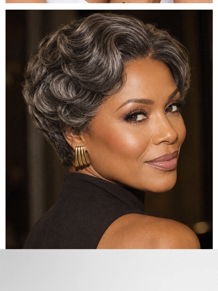 Salt and Pepper Gray Egg Curl Glueless Minimalist HD Lace Pixie Wig Pre-cut Lace-13