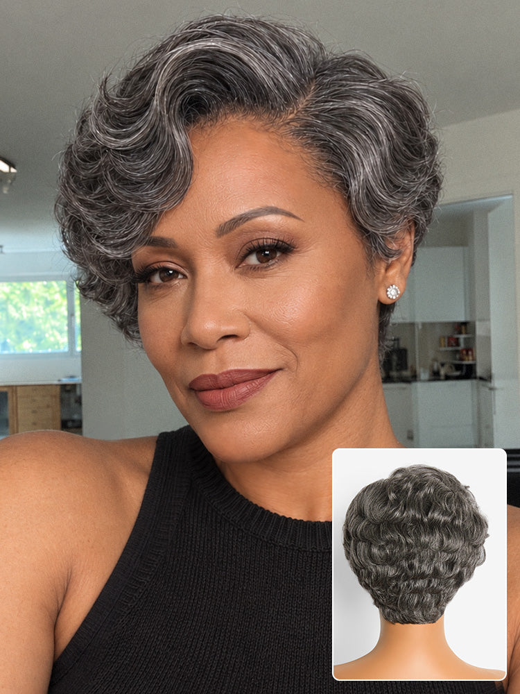 Salt and Pepper Gray Egg Curl Glueless Minimalist HD Lace Pixie Wig Pre-cut Lace-01
