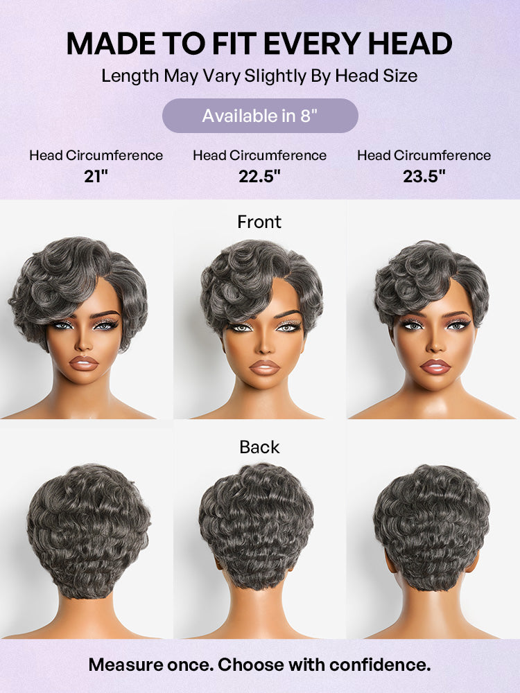 Salt and Pepper Gray Egg Curl Glueless Minimalist HD Lace Pixie Wig Pre-cut Lace-08