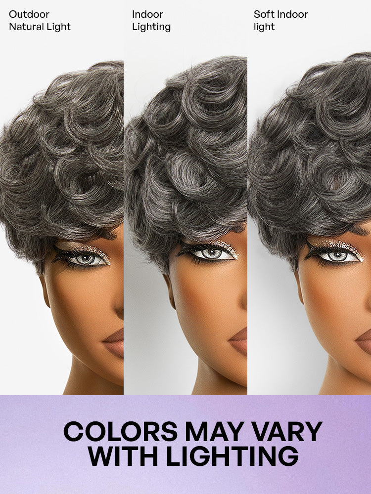 Salt and Pepper Gray Egg Curl Glueless Minimalist HD Lace Pixie Wig Pre-cut Lace-06