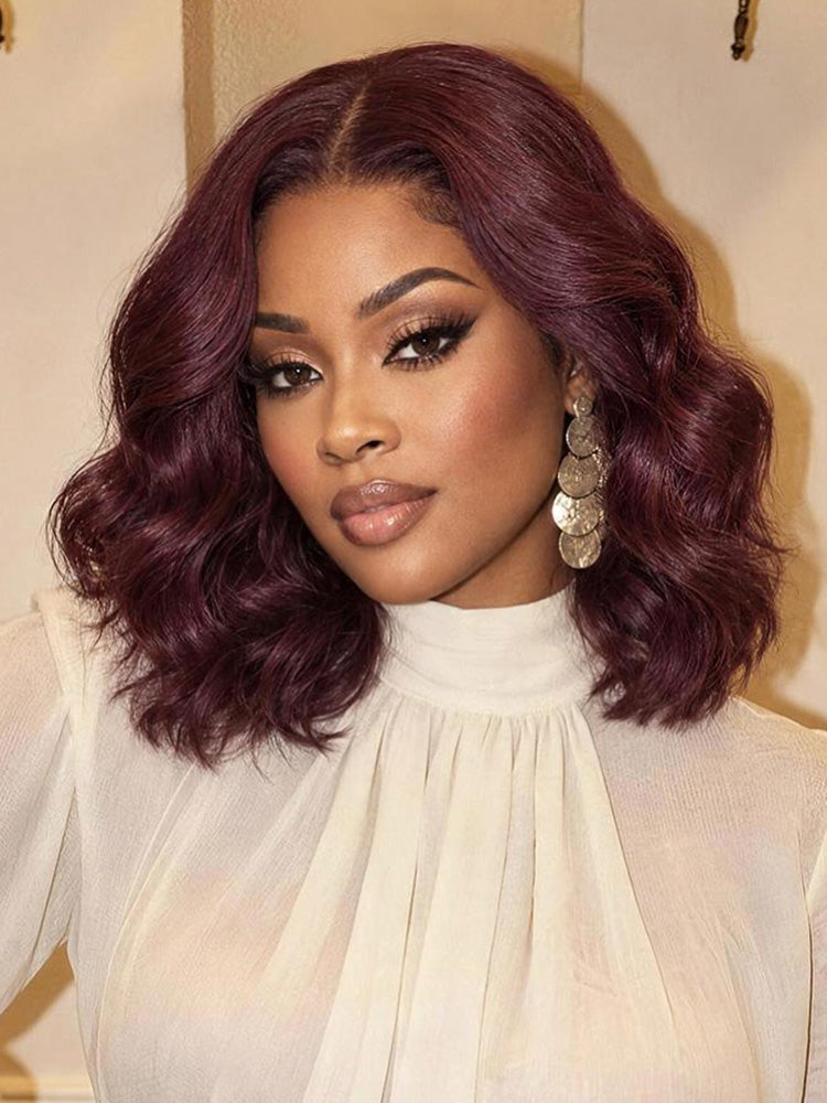 Luvme Dark Plum 99J minimalist lace wig with loose wave style, glueless fit, mid-part, pre-cut HD lace, short length, ADC cap.