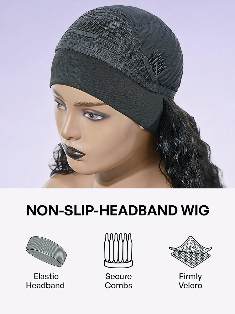 Luvme Throw On & Go headband wig with 100% human hair, featuring a stylish headband and two free trendy headbands.