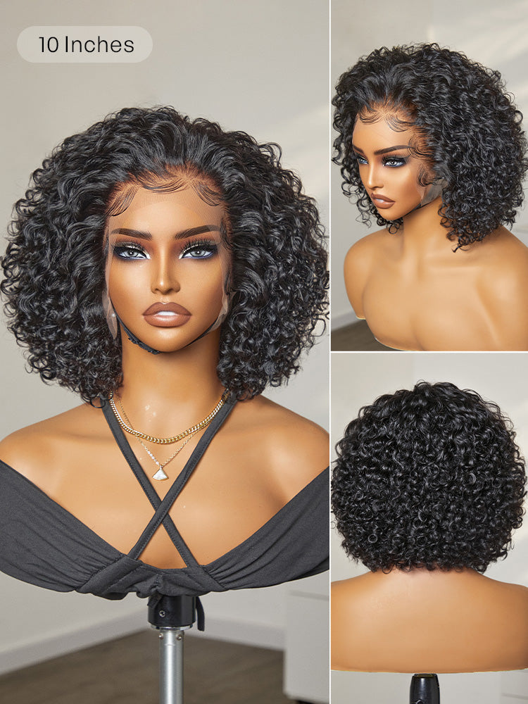 Luvme Hair ultra natural short curly wig with slicked back style, glueless ear-to-ear wide T lace front for a seamless look.