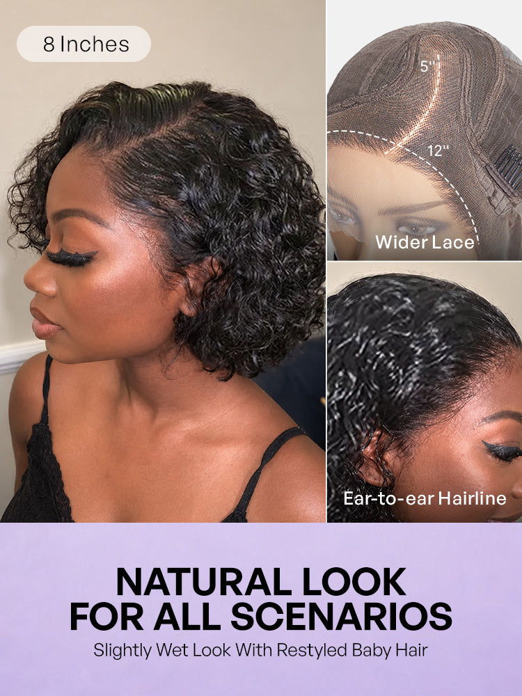 Luvme Hair ultra natural short curly wig with slicked back style, glueless ear-to-ear wide T lace front wig showing textured curls