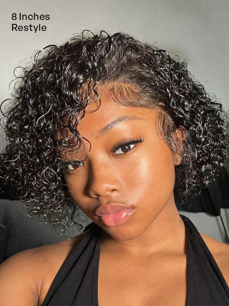 Luvme Hair ultra natural short curly wig with slicked back style, glueless ear-to-ear wide T lace front for a seamless look